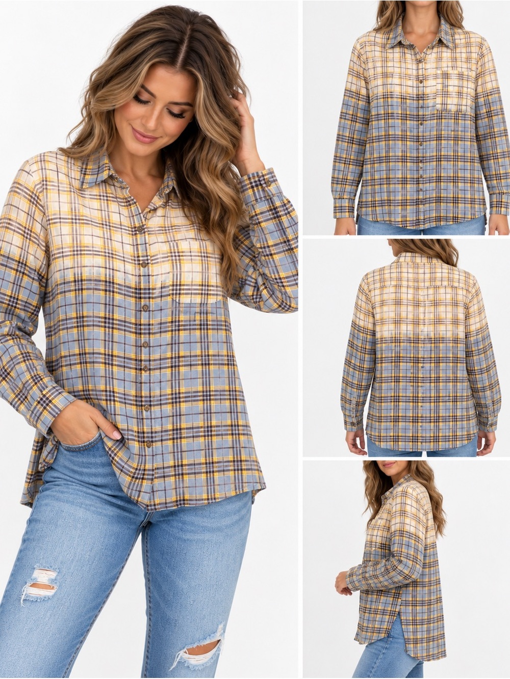 BKE Women’s Small Bleached Plaid Button-Up Shirt Blue Yellow NWOT